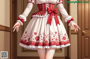 A woman in a red and white dress is posing for a picture.