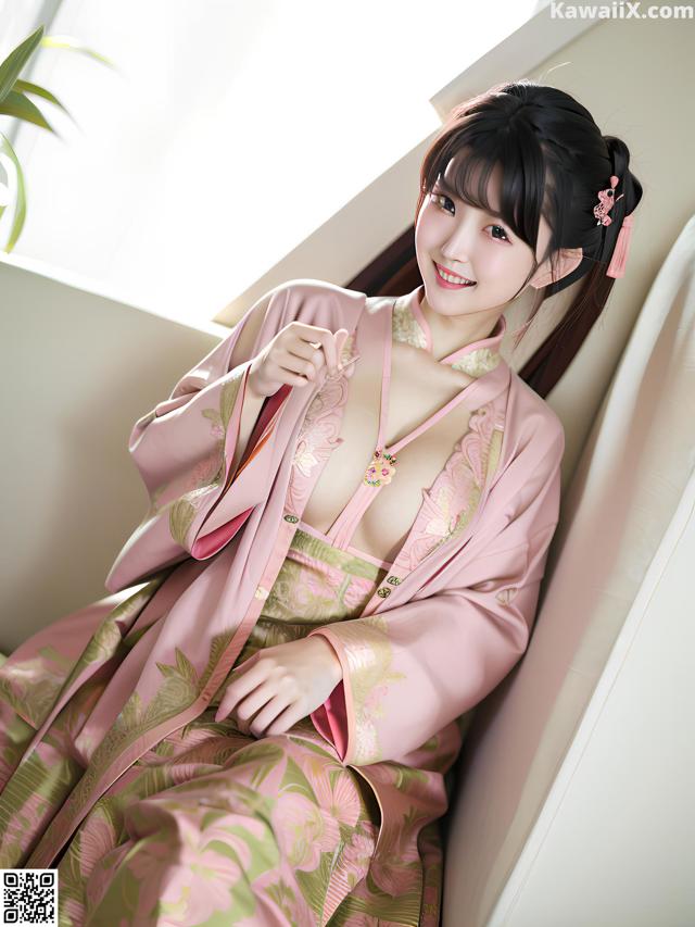 A woman in a pink kimono sitting on a couch.