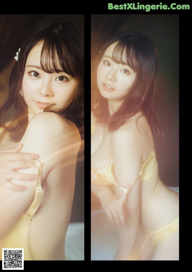 A woman in a yellow lingerie posing for a picture.