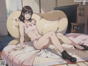 A woman sitting on top of a bed next to a window.