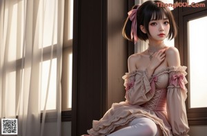 A woman sitting on top of a bed wearing a dress and stockings.