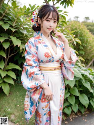 A woman in a blue kimono sitting on a chair.