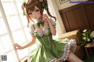 A girl in a green dress is posing for a picture.