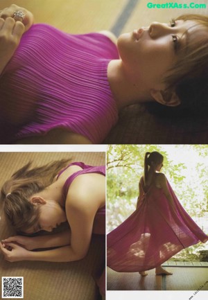 A woman laying on top of a bed in a magazine.