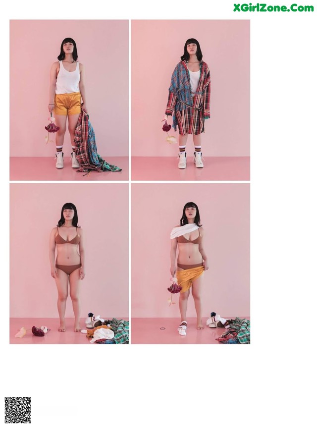 A series of photos of a woman standing in front of a pink wall.