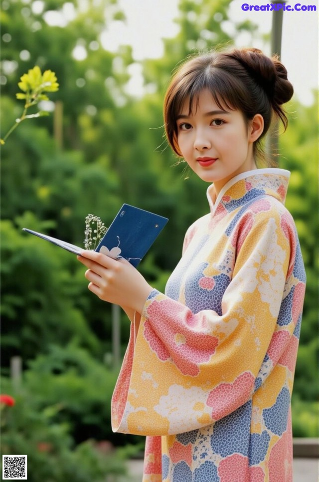 a woman in a yellow and blue kimono holding a book