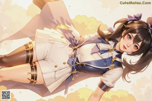 A woman in a blue and white outfit holding a sword.