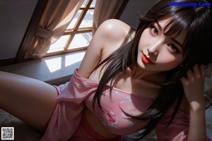 A woman in a pink dress sitting on a bed.