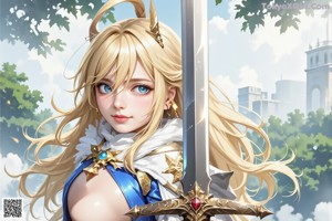 A woman with long blonde hair wearing a white and blue outfit.