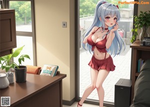 A naked anime girl with long black hair posing by a window.