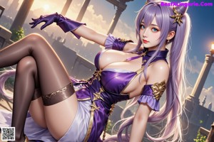 A woman in a purple dress is standing in the woods.