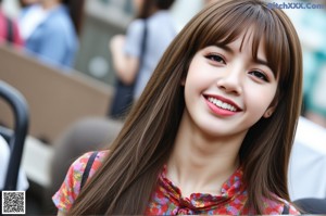 A woman in a blue and red floral shirt laughing.