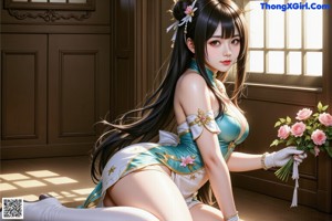 A woman in a blue and gold outfit sitting on a bed.