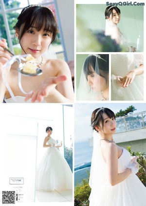 A woman in a blue dress sitting on a chair.