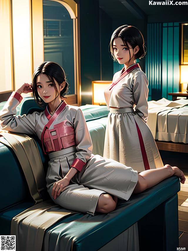 A couple of women sitting on top of a bed.