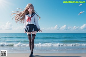 A girl in a school uniform is standing in the water.