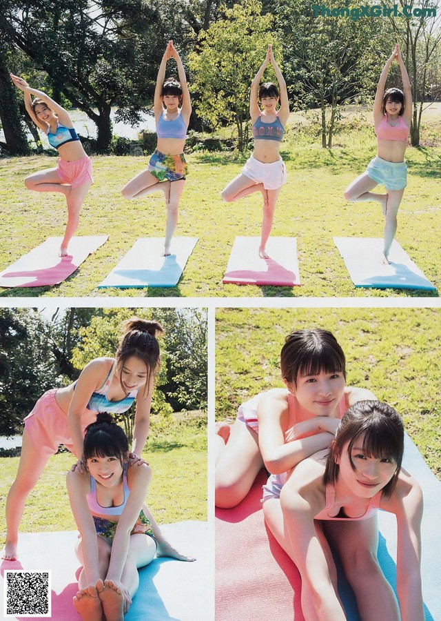 A group of young women doing yoga in a park.