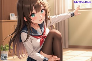 A woman in a school uniform posing for a picture.