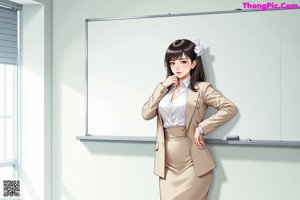 A woman in a beige blazer and skirt posing for a picture.