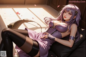 A woman with purple hair sitting on a ledge.