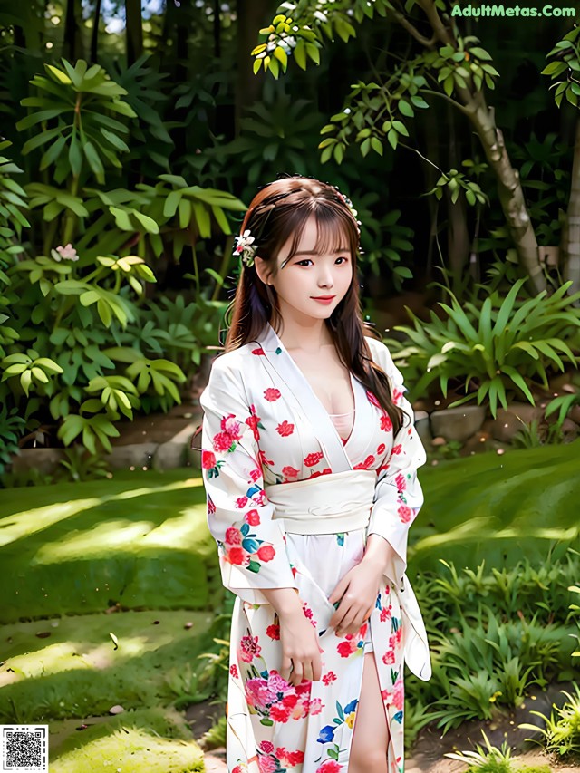 A woman in a white kimono standing in a garden.