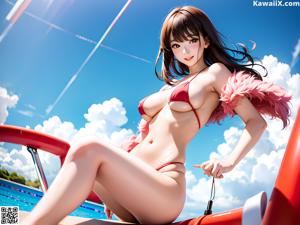 A woman in a red lingerie sitting on a table.