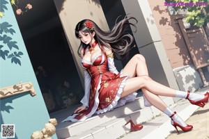 A woman in a red and white dress posing for a picture.