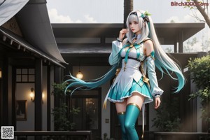 A woman with long white hair wearing a blue dress and boots.