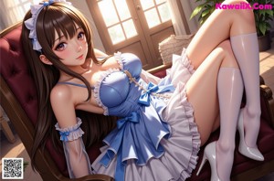 A woman in a blue and white dress sitting on a bed.