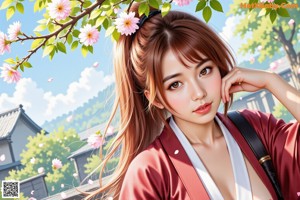 A woman in traditional attire holds a sword amidst blossoms.
