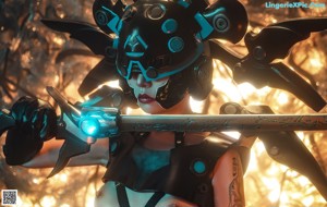 A woman in a futuristic outfit is posing for the camera.