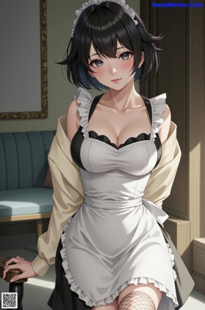 A woman in a maid outfit walking on the beach.