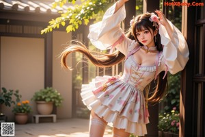 A woman in a dress with long hair standing in front of a window.
