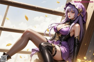 A woman with purple hair is posing naked on a couch.