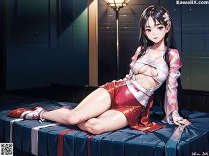 A woman in a kimono sitting on a bench.